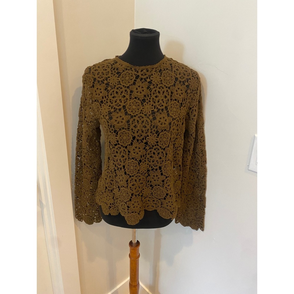 Zara Women Brown Floral Crochet Knit Long Sleeve Keyhole Back Top Size S